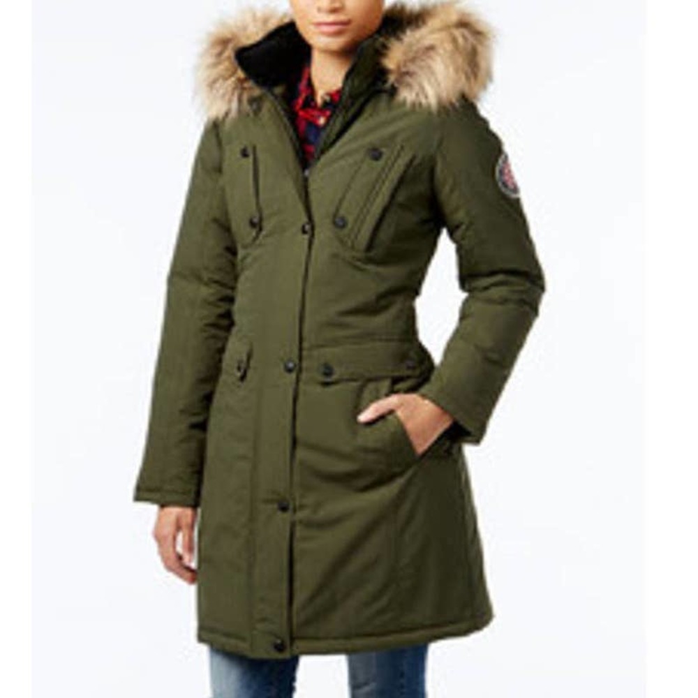 Madden Girl Women's Faux Fur Trim Hooded Parka Jacket with‎ Pockets Size S Green